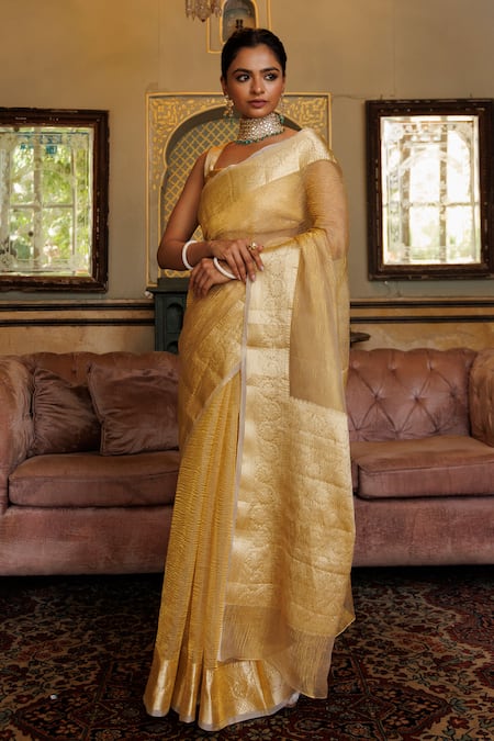 Geroo Jaipur Gold Tissue Zari Textured Saree With Unstitched Blouse Piece Online at Aza Fashions Geroo Jaipur_Gold Tissue Zari Textured Saree With Unstitched Blouse Piece _Online_at_Aza_Fashions