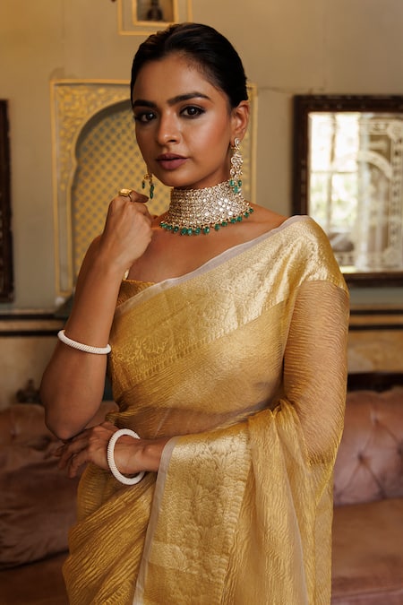 Buy Geroo Jaipur Gold Tissue Zari Textured Saree With Unstitched Blouse Piece Online at Aza Fashions Buy_Geroo Jaipur_Gold Tissue Zari Textured Saree With Unstitched Blouse Piece _Online_at_Aza_Fashions