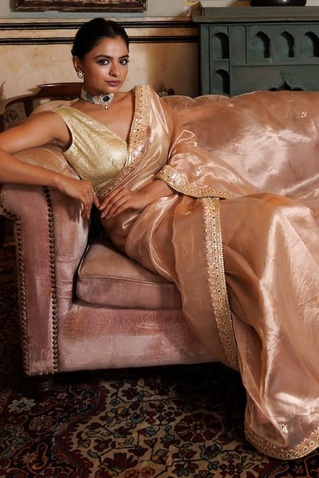 Geroo Jaipur_Pink Silk Gota Patti, Pure Banarasi Tissue Saree With Unstitched Blouse Piece _at_Aza_Fashions