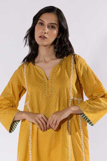 Pants And Pajamas_Yellow Cotton Embroidery Leaf Neck Floral Dobby Kurta _Online_at_Aza_Fashions