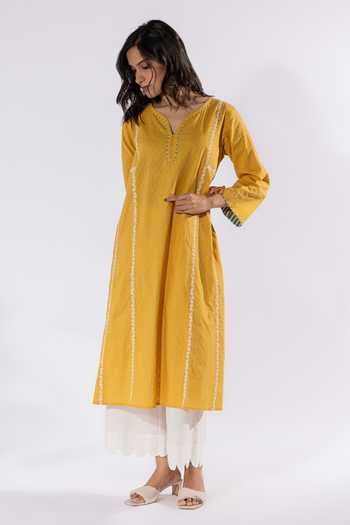 Buy_Pants And Pajamas_Yellow Cotton Embroidery Leaf Neck Floral Dobby Kurta _Online_at_Aza_Fashions