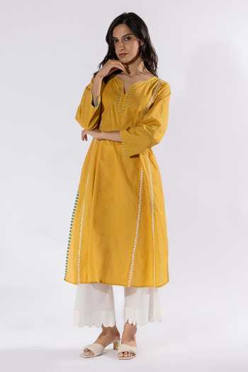 Shop_Pants And Pajamas_Yellow Cotton Embroidery Leaf Neck Floral Dobby Kurta _Online_at_Aza_Fashions