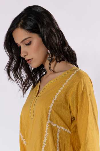 Pants And Pajamas_Yellow Cotton Embroidery Leaf Neck Floral Dobby Kurta _at_Aza_Fashions