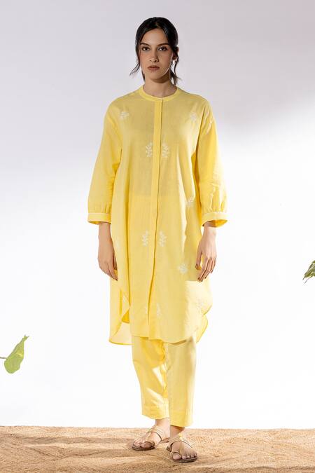 Pants And Pajamas Yellow Cotton Embroidery Mandarin Collar Kurta And Pant Set Online at Aza Fashions Pants And Pajamas_Yellow Cotton Embroidery Mandarin Collar Kurta And Pant Set _Online_at_Aza_Fashions
