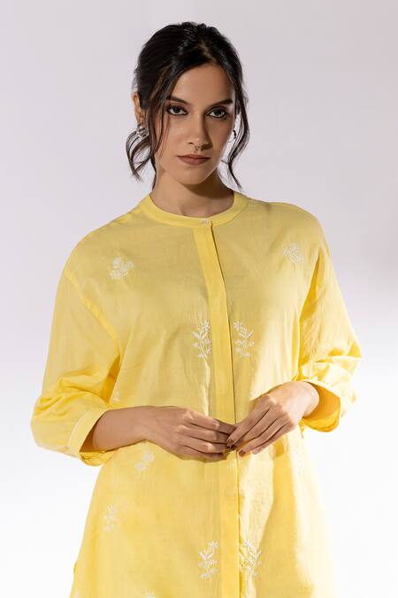 Shop Pants And Pajamas Yellow Cotton Embroidery Mandarin Collar Kurta And Pant Set Online at Aza Fashions Shop_Pants And Pajamas_Yellow Cotton Embroidery Mandarin Collar Kurta And Pant Set _Online_at_Aza_Fashions