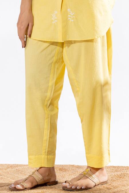 Pants And Pajamas Yellow Cotton Embroidery Mandarin Collar Kurta And Pant Set at Aza Fashions Pants And Pajamas_Yellow Cotton Embroidery Mandarin Collar Kurta And Pant Set _at_Aza_Fashions