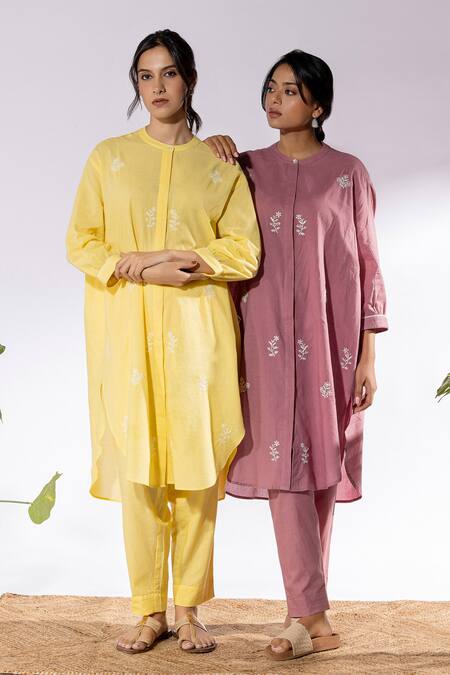 Buy Pants And Pajamas Yellow Cotton Embroidery Mandarin Collar Kurta And Pant Set Buy_Pants And Pajamas_Yellow Cotton Embroidery Mandarin Collar Kurta And Pant Set