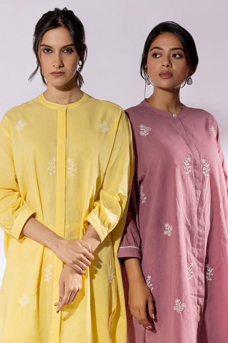 Shop Pants And Pajamas Yellow Cotton Embroidery Mandarin Collar Kurta And Pant Set Shop_Pants And Pajamas_Yellow Cotton Embroidery Mandarin Collar Kurta And Pant Set