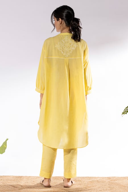 Shop Pants And Pajamas Yellow Cotton Embroidery Mandarin Collar Kurta And Pant Set at Aza Fashions Shop_Pants And Pajamas_Yellow Cotton Embroidery Mandarin Collar Kurta And Pant Set _at_Aza_Fashions