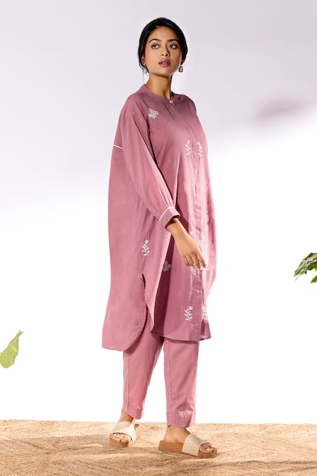 Shop Pants And Pajamas Purple Cotton Embroidery Mandarin Collar Chikan Kurta And Pant Set Online at Aza Fashions Shop_Pants And Pajamas_Purple Cotton Embroidery Mandarin Collar Chikan Kurta And Pant Set _Online_at_Aza_Fashions
