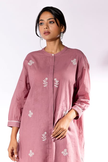 Pants And Pajamas Purple Cotton Embroidery Mandarin Collar Chikan Kurta And Pant Set at Aza Fashions Pants And Pajamas_Purple Cotton Embroidery Mandarin Collar Chikan Kurta And Pant Set _at_Aza_Fashions