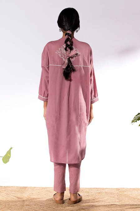 Shop Pants And Pajamas Purple Cotton Embroidery Mandarin Collar Chikan Kurta And Pant Set at Aza Fashions Shop_Pants And Pajamas_Purple Cotton Embroidery Mandarin Collar Chikan Kurta And Pant Set _at_Aza_Fashions