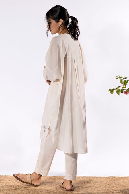 Shop Pants And Pajamas White Cotton Embroidery Mandarin Collar Chikan Kurta And Pant Set at Aza Fashions Shop_Pants And Pajamas_White Cotton Embroidery Mandarin Collar Chikan Kurta And Pant Set _at_Aza_Fashions