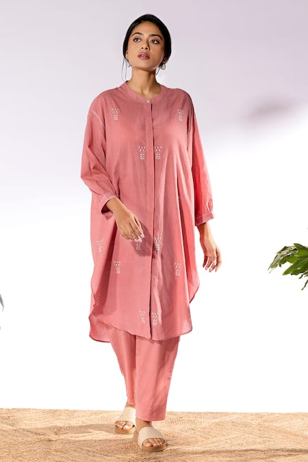 Pants and Pajamas Pink Cotton Embroidered Thread Mandarin Collar Chikan Work Kurta And Pant Set 