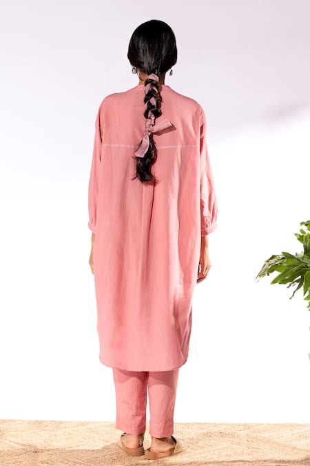 Shop Pants And Pajamas Pink Cotton Embroidery Mandarin Collar Chikan Thread Work Kurta And Pant Set at Aza Fashions Shop_Pants And Pajamas_Pink Cotton Embroidery Mandarin Collar Chikan Thread Work Kurta And Pant Set _at_Aza_Fashions