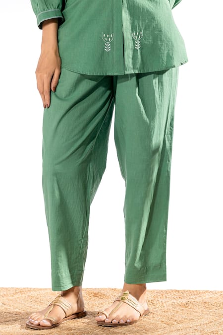 Pants And Pajamas Green Cotton Embroidery Mandarin Collar Thread Work Kurta And Pant Set at Aza Fashions Pants And Pajamas_Green Cotton Embroidery Mandarin Collar Thread Work Kurta And Pant Set _at_Aza_Fashions