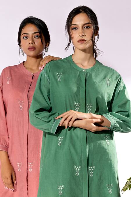 Shop Pants And Pajamas Green Cotton Embroidery Mandarin Collar Thread Work Kurta And Pant Set Shop_Pants And Pajamas_Green Cotton Embroidery Mandarin Collar Thread Work Kurta And Pant Set