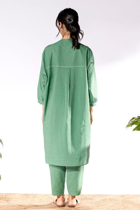 Shop Pants And Pajamas Green Cotton Embroidery Mandarin Collar Thread Work Kurta And Pant Set at Aza Fashions Shop_Pants And Pajamas_Green Cotton Embroidery Mandarin Collar Thread Work Kurta And Pant Set _at_Aza_Fashions