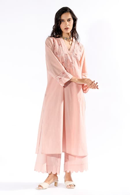 Buy_Pants And Pajamas_Pink Cotton Embroidery V-neck Floral Kurta And Flared Pant Set _Online_at_Aza_Fashions
