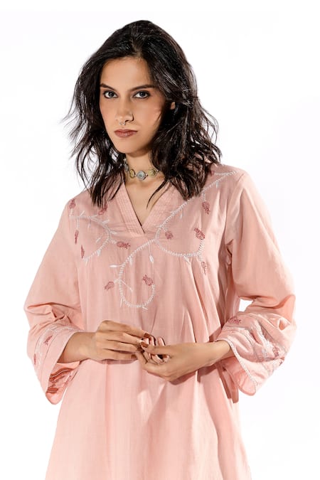Shop_Pants And Pajamas_Pink Cotton Embroidery V-neck Floral Kurta And Flared Pant Set _Online_at_Aza_Fashions