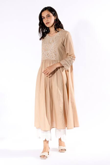 Pants And Pajamas Beige Cotton Embroidery Round Neck Kurta And Flared Pant Set Online at Aza Fashions Pants And Pajamas_Beige Cotton Embroidery Round Neck Kurta And Flared Pant Set _Online_at_Aza_Fashions
