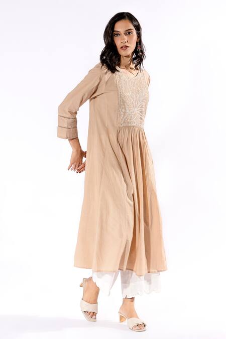 Buy Pants And Pajamas Beige Cotton Embroidery Round Neck Kurta And Flared Pant Set Online at Aza Fashions Buy_Pants And Pajamas_Beige Cotton Embroidery Round Neck Kurta And Flared Pant Set _Online_at_Aza_Fashions