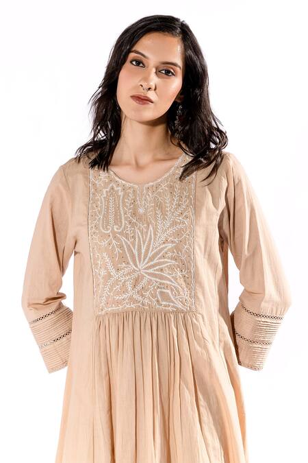 Shop Pants And Pajamas Beige Cotton Embroidery Round Neck Kurta And Flared Pant Set Online at Aza Fashions Shop_Pants And Pajamas_Beige Cotton Embroidery Round Neck Kurta And Flared Pant Set _Online_at_Aza_Fashions