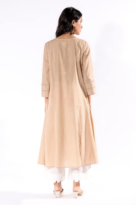 Shop Pants And Pajamas Beige Cotton Embroidery Round Neck Kurta And Flared Pant Set at Aza Fashions Shop_Pants And Pajamas_Beige Cotton Embroidery Round Neck Kurta And Flared Pant Set _at_Aza_Fashions