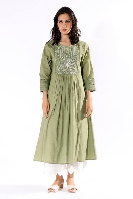 Pants And Pajamas Green Cotton Embroidery Round Neck Yoke Kurta And Flared Pant Set Online at Aza Fashions Pants And Pajamas_Green Cotton Embroidery Round Neck Yoke Kurta And Flared Pant Set _Online_at_Aza_Fashions