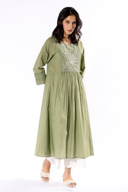 Buy Pants And Pajamas Green Cotton Embroidery Round Neck Yoke Kurta And Flared Pant Set Online at Aza Fashions Buy_Pants And Pajamas_Green Cotton Embroidery Round Neck Yoke Kurta And Flared Pant Set _Online_at_Aza_Fashions