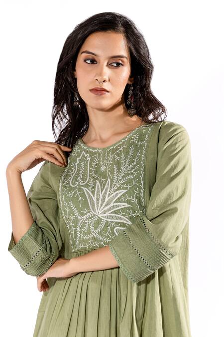 Shop Pants And Pajamas Green Cotton Embroidery Round Neck Yoke Kurta And Flared Pant Set Online at Aza Fashions Shop_Pants And Pajamas_Green Cotton Embroidery Round Neck Yoke Kurta And Flared Pant Set _Online_at_Aza_Fashions