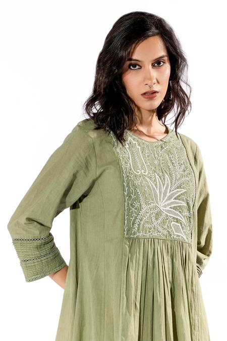 Pants And Pajamas Green Cotton Embroidery Round Neck Yoke Kurta And Flared Pant Set at Aza Fashions Pants And Pajamas_Green Cotton Embroidery Round Neck Yoke Kurta And Flared Pant Set _at_Aza_Fashions