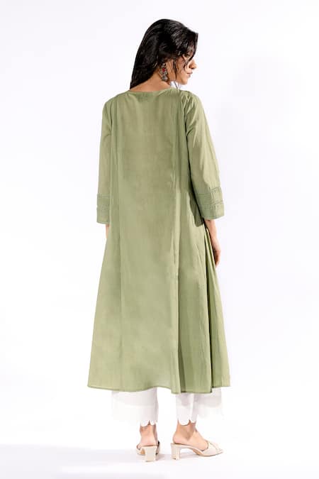 Shop Pants And Pajamas Green Cotton Embroidery Round Neck Yoke Kurta And Flared Pant Set at Aza Fashions Shop_Pants And Pajamas_Green Cotton Embroidery Round Neck Yoke Kurta And Flared Pant Set _at_Aza_Fashions