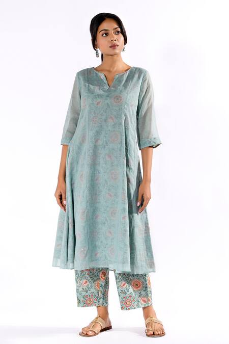 Pants And Pajamas_Blue Cotton Split V-neck Kota Kurta And Printed Pant Set_Online_at_Aza_Fashions