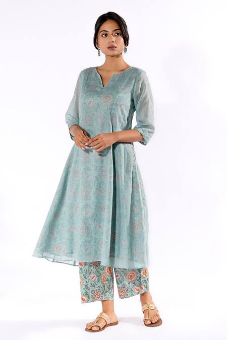 Buy_Pants And Pajamas_Blue Cotton Split V-neck Kota Kurta And Printed Pant Set_Online_at_Aza_Fashions