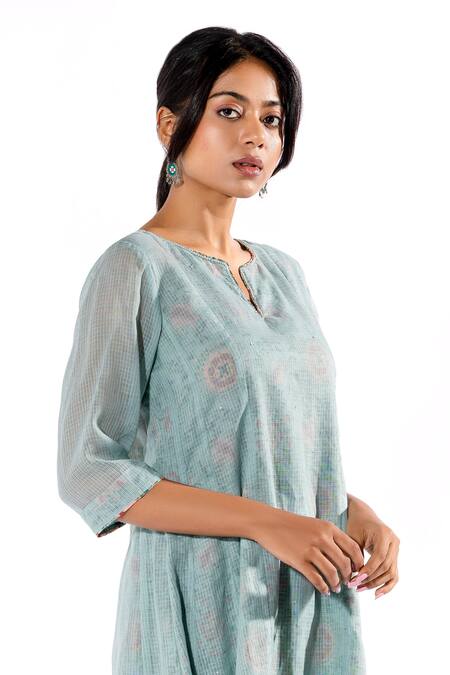 Shop_Pants And Pajamas_Blue Cotton Split V-neck Kota Kurta And Printed Pant Set_Online_at_Aza_Fashions