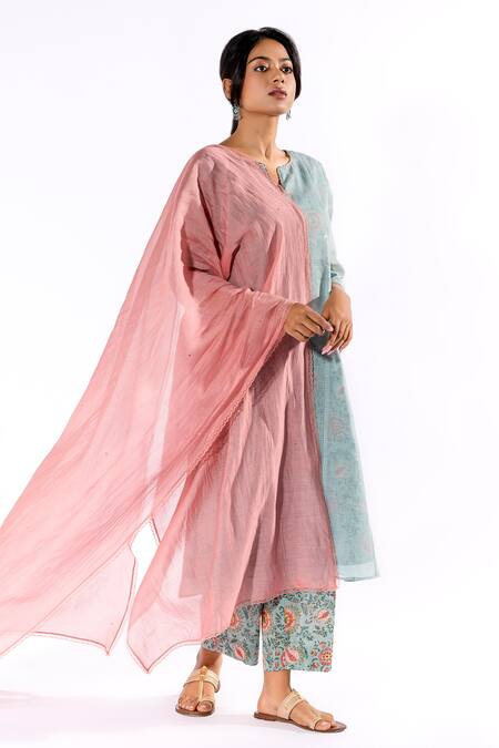 Buy_Pants And Pajamas_Blue Cotton Split V-neck Kota Kurta And Printed Pant Set