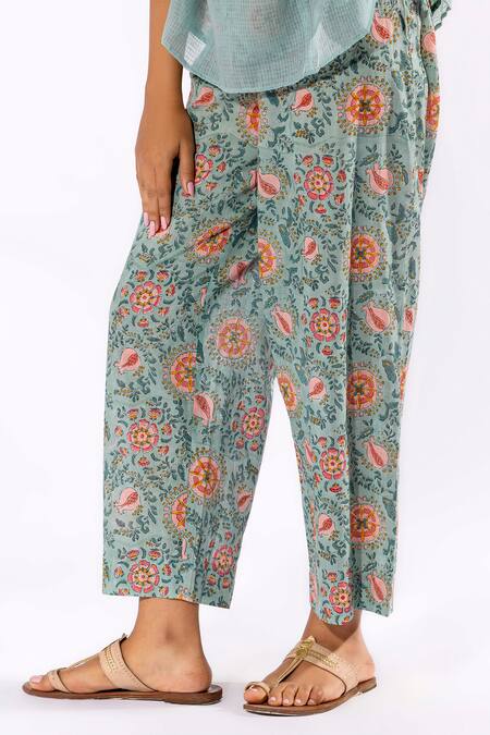 Shop_Pants And Pajamas_Blue Cotton Split V-neck Kota Kurta And Printed Pant Set