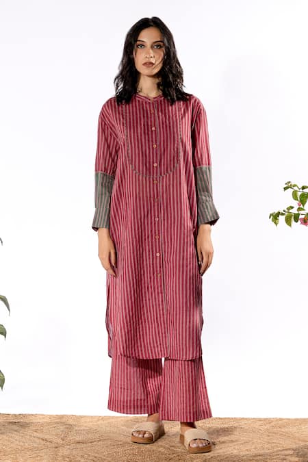 Pants And Pajamas_Red Cotton Mandarin Collar Striped Kurta And Pant Set _Online_at_Aza_Fashions
