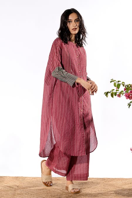 Buy_Pants And Pajamas_Red Cotton Mandarin Collar Striped Kurta And Pant Set _Online_at_Aza_Fashions