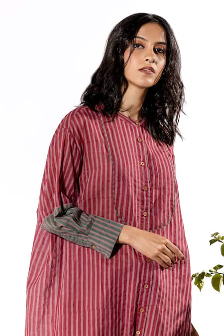 Shop_Pants And Pajamas_Red Cotton Mandarin Collar Striped Kurta And Pant Set _Online_at_Aza_Fashions