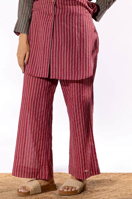 Pants And Pajamas_Red Cotton Mandarin Collar Striped Kurta And Pant Set _at_Aza_Fashions