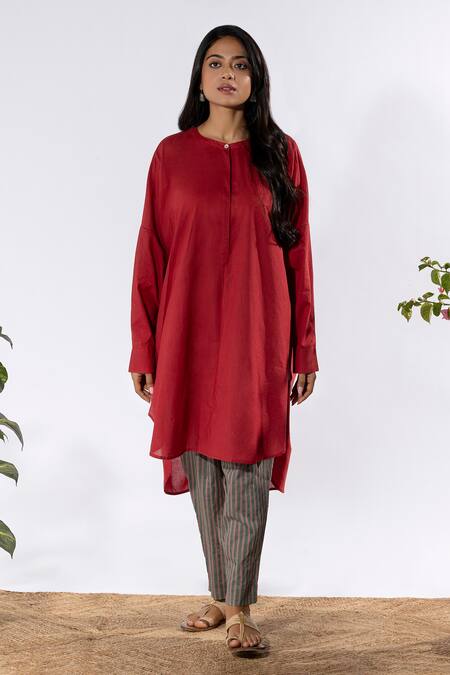 Pants And Pajamas_Red Cotton Round Neck Solid Kurta And Stripe Print Pant Set _Online_at_Aza_Fashions