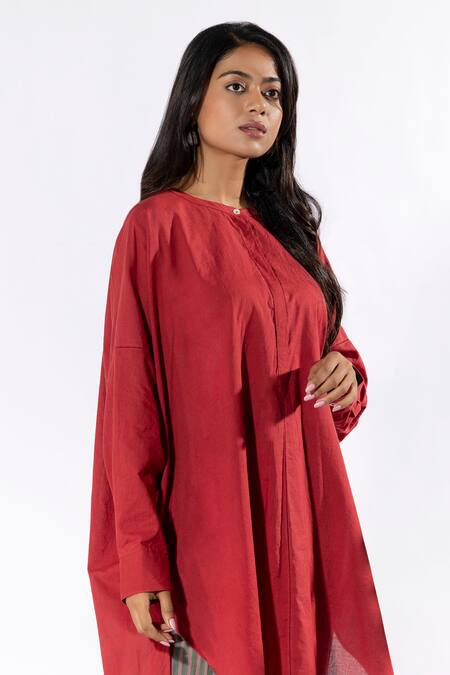 Shop_Pants And Pajamas_Red Cotton Round Neck Solid Kurta And Stripe Print Pant Set _Online_at_Aza_Fashions