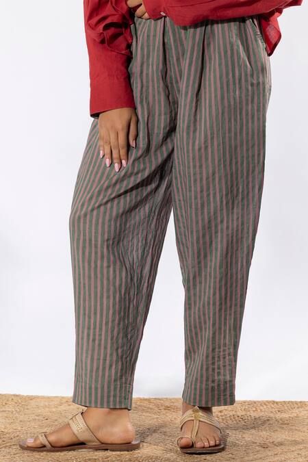 Pants And Pajamas_Red Cotton Round Neck Solid Kurta And Stripe Print Pant Set _at_Aza_Fashions