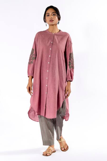 Pants And Pajamas Pink Cotton Embroidery Round Neck Sleeves Kurta And Pant Set Online at Aza Fashions Pants And Pajamas_Pink Cotton Embroidery Round Neck Sleeves Kurta And Pant Set _Online_at_Aza_Fashions
