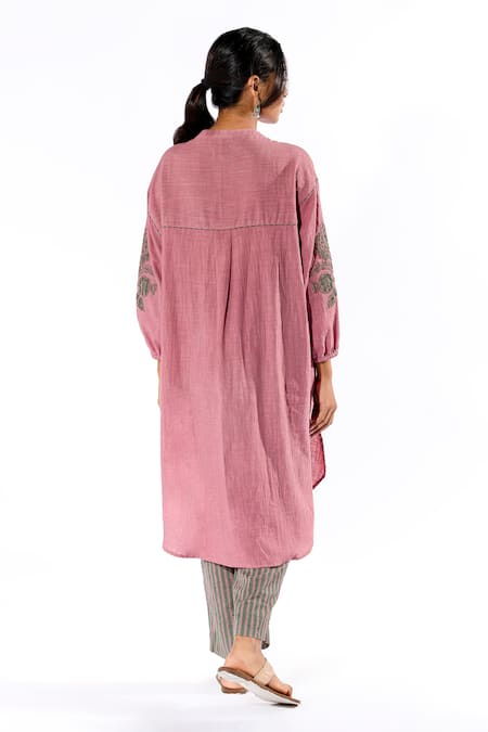 Shop Pants And Pajamas Pink Cotton Embroidery Round Neck Sleeves Kurta And Pant Set at Aza Fashions Shop_Pants And Pajamas_Pink Cotton Embroidery Round Neck Sleeves Kurta And Pant Set _at_Aza_Fashions