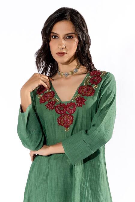 Shop Pants And Pajamas Green , Satin Embroidery V-neck Floral Kurta And Pant Set Online at Aza Fashions Shop_Pants And Pajamas_Green , Satin Embroidery V-neck Floral Kurta And Pant Set _Online_at_Aza_Fashions