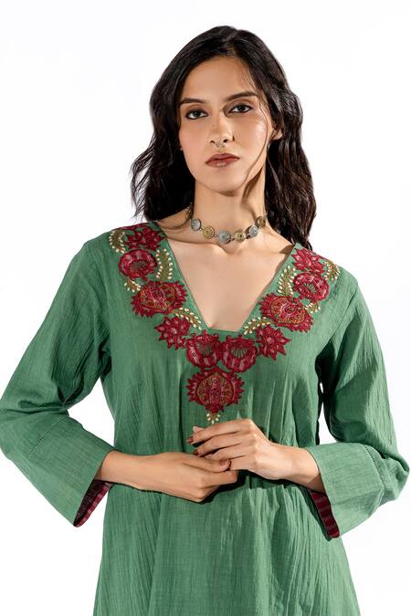 Pants And Pajamas Green , Satin Embroidery V-neck Floral Kurta And Pant Set at Aza Fashions Pants And Pajamas_Green , Satin Embroidery V-neck Floral Kurta And Pant Set _at_Aza_Fashions