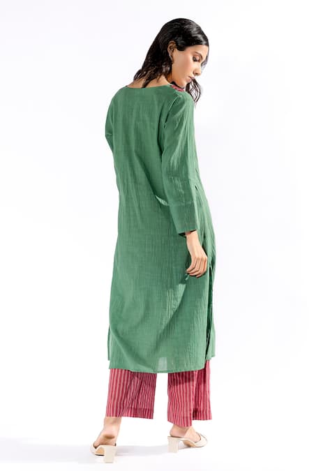 Shop Pants And Pajamas Green , Satin Embroidery V-neck Floral Kurta And Pant Set at Aza Fashions Shop_Pants And Pajamas_Green , Satin Embroidery V-neck Floral Kurta And Pant Set _at_Aza_Fashions